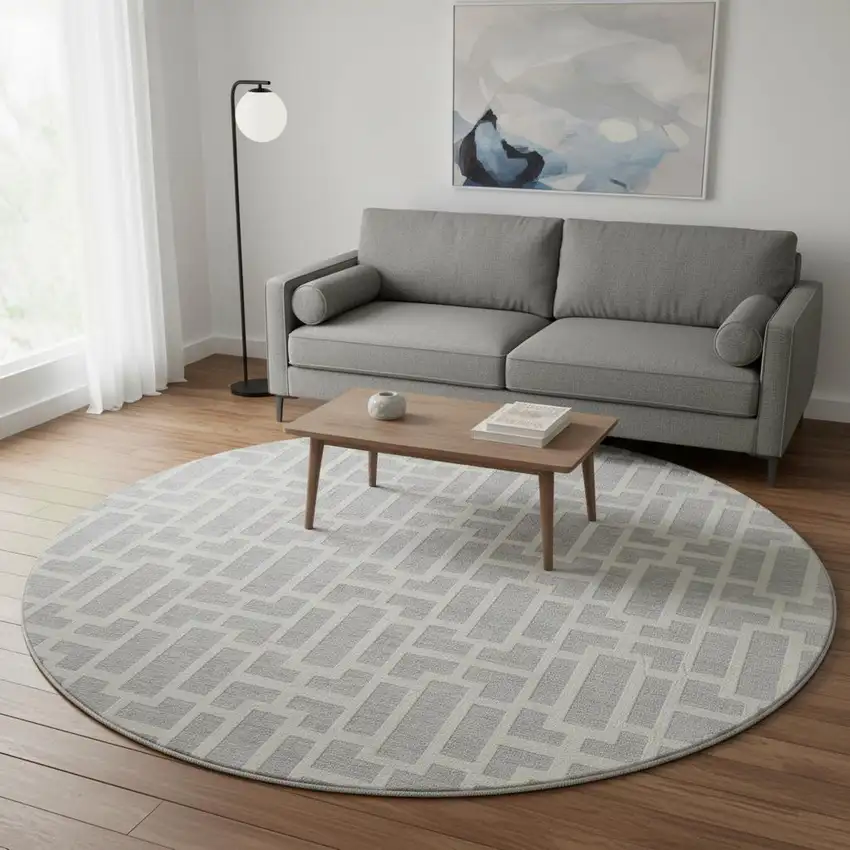 8' Silver And Ivory Geometric Washable Round Rug With UV Protection Photo 2