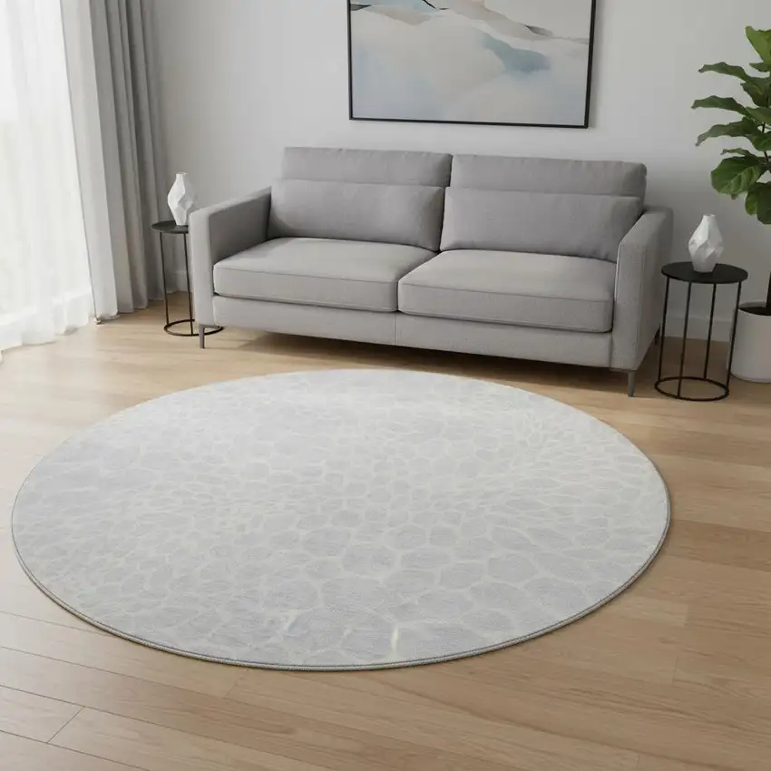 8' Silver And Ivory Geometric Washable Round Rug With UV Protection Photo 2