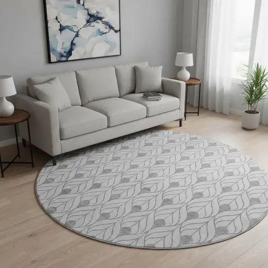 8' Silver And Ivory Geometric Washable Round Rug With UV Protection Photo 2