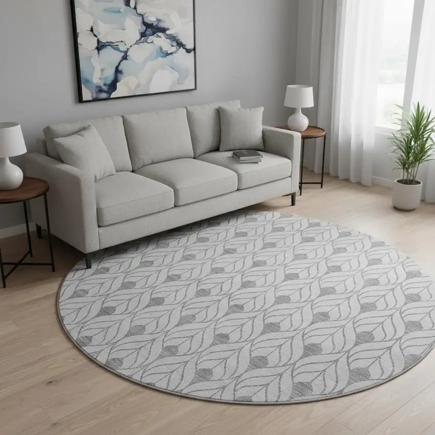 8' Silver And Ivory Geometric Washable Round Rug With UV Protection Photo 2