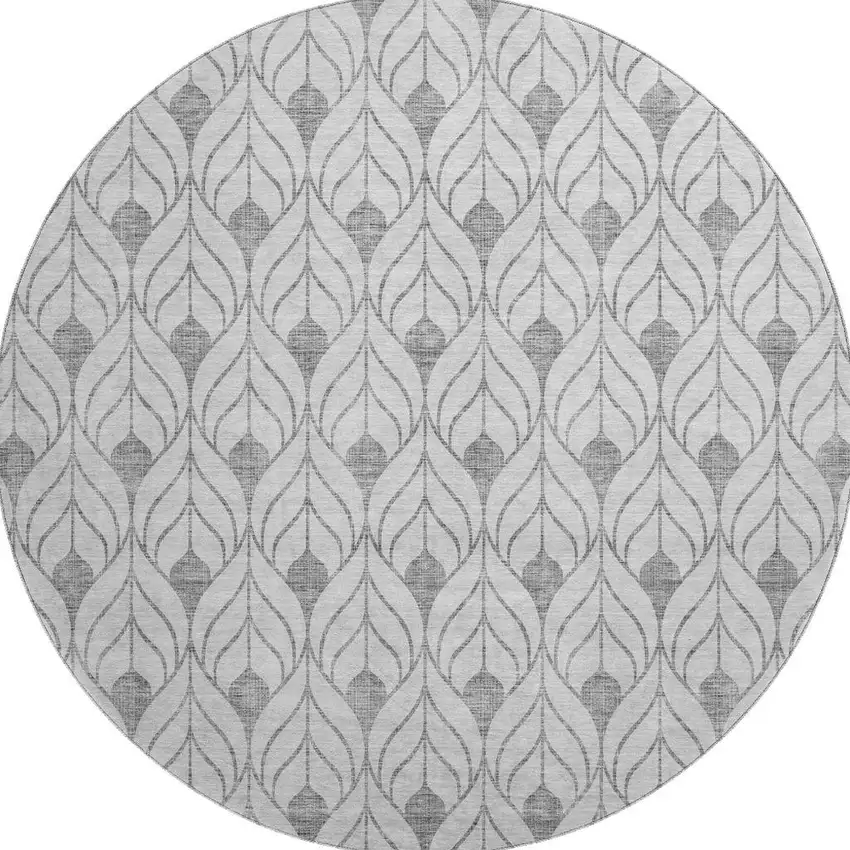 8' Silver And Ivory Geometric Washable Round Rug With UV Protection Photo 3