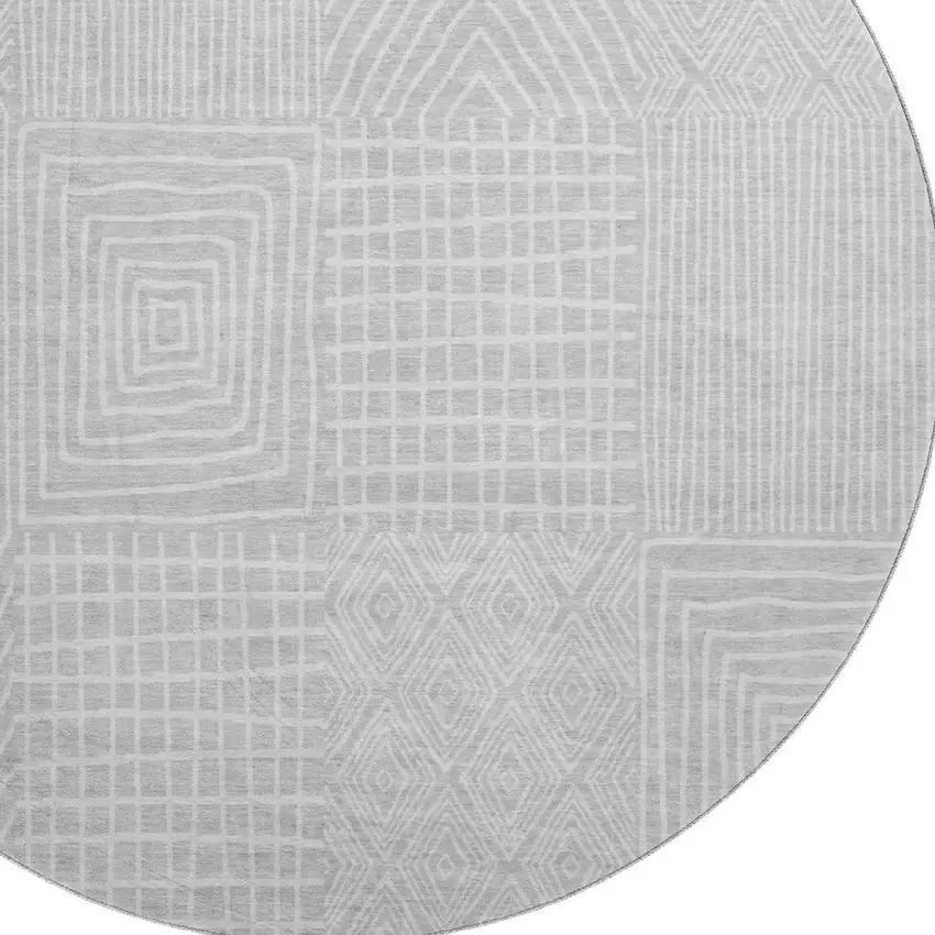 8' Silver And Ivory Geometric Washable Round Rug With UV Protection Photo 2