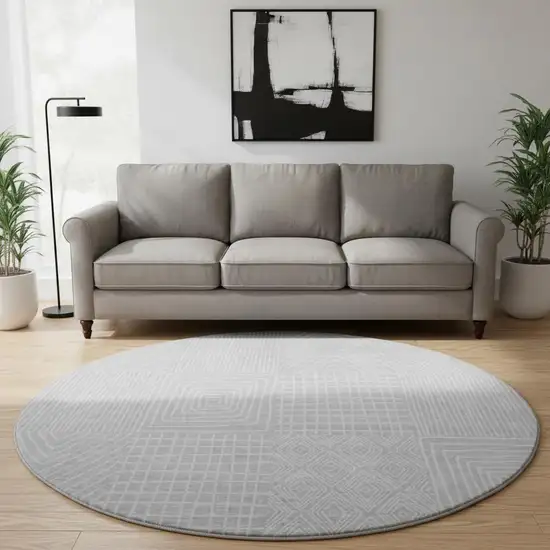 8' Silver And Ivory Geometric Washable Round Rug With UV Protection Photo 2