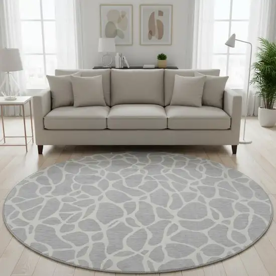 8' Silver And Ivory Geometric Washable Round Rug With UV Protection Photo 2