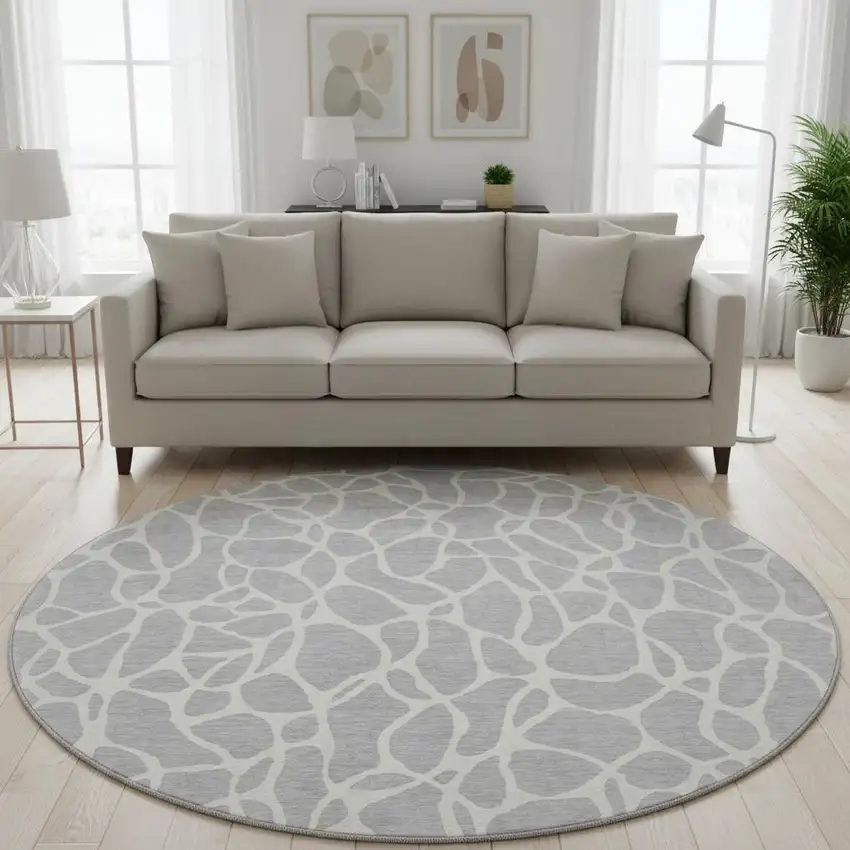 8' Silver And Ivory Geometric Washable Round Rug With UV Protection Photo 2
