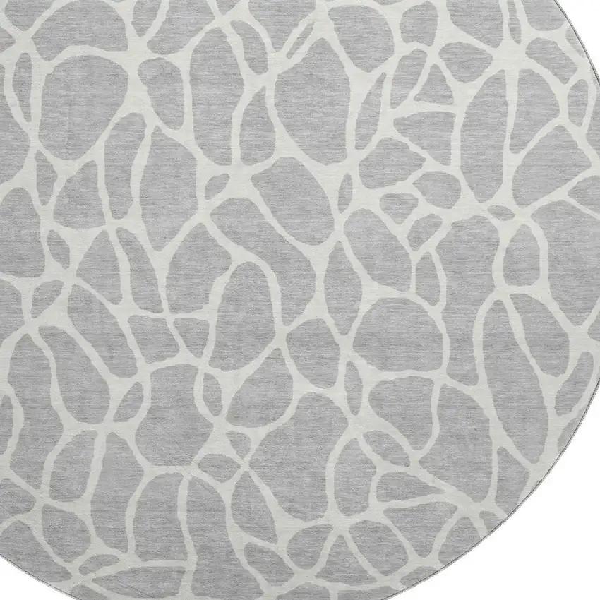 8' Silver And Ivory Geometric Washable Round Rug With UV Protection Photo 2