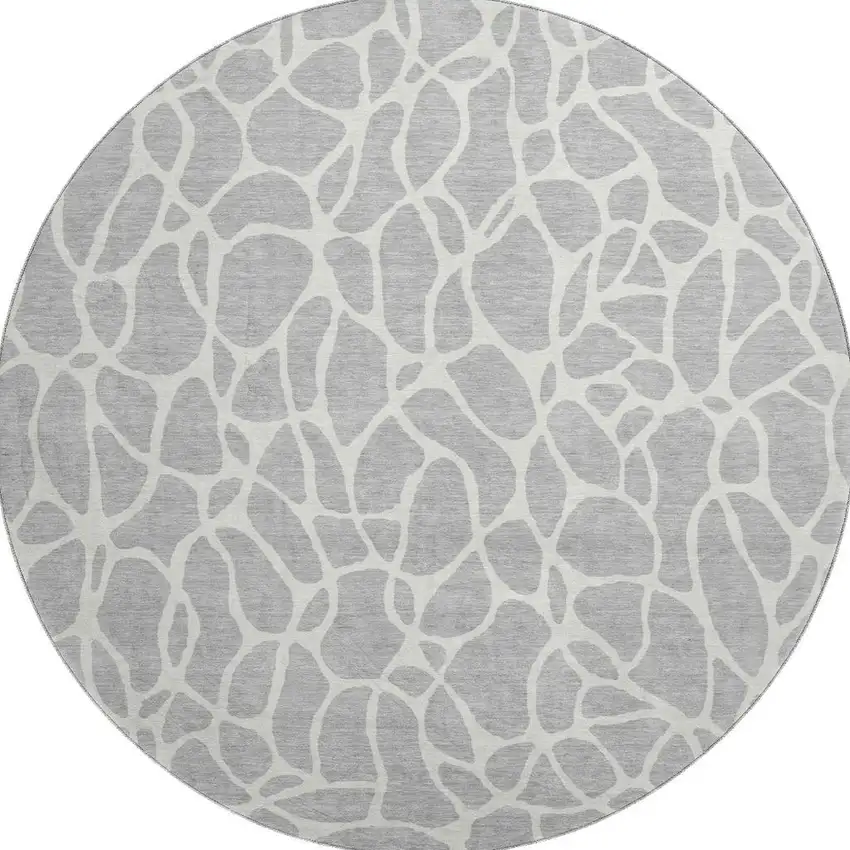 8' Silver And Ivory Geometric Washable Round Rug With UV Protection Photo 3