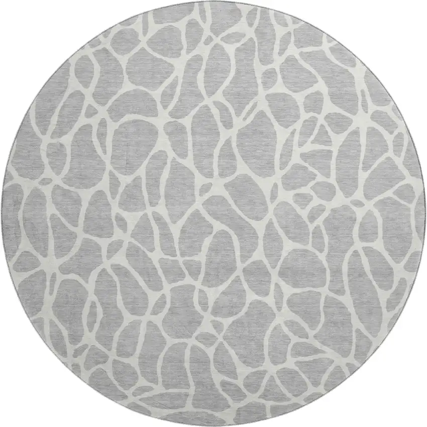 8' Silver And Ivory Geometric Washable Round Rug With UV Protection Photo 1