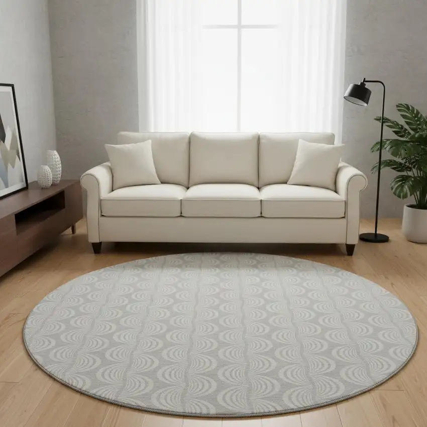 8' Silver And Ivory Ogee Washable Round Rug With UV Protection Photo 2