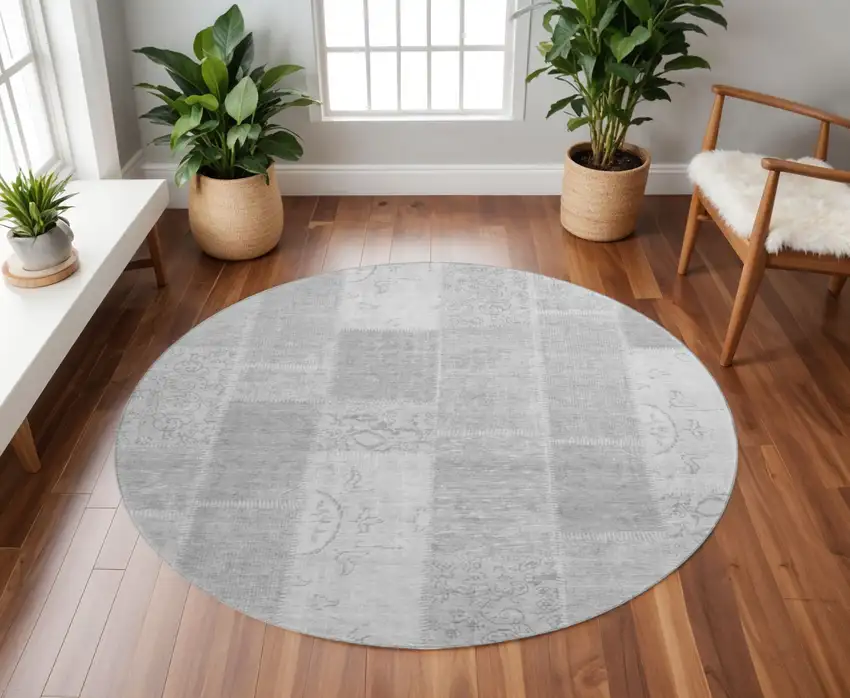 8' Silver And Ivory Patchwork Washable Round Rug With UV Protection Photo 2