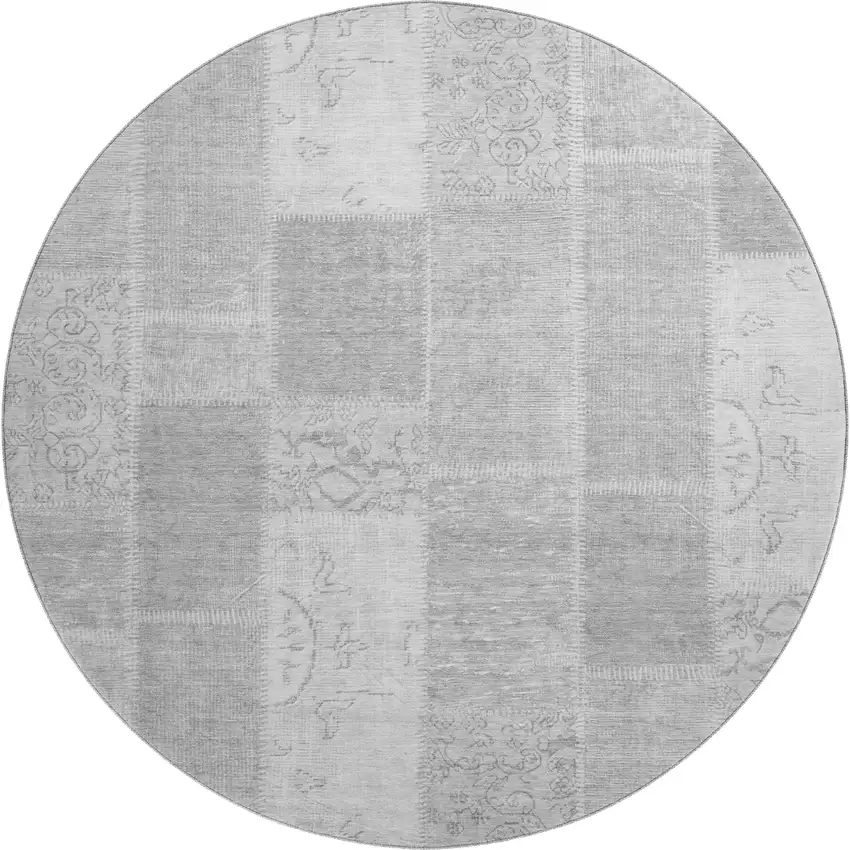 8' Silver And Ivory Patchwork Washable Round Rug With UV Protection Photo 1