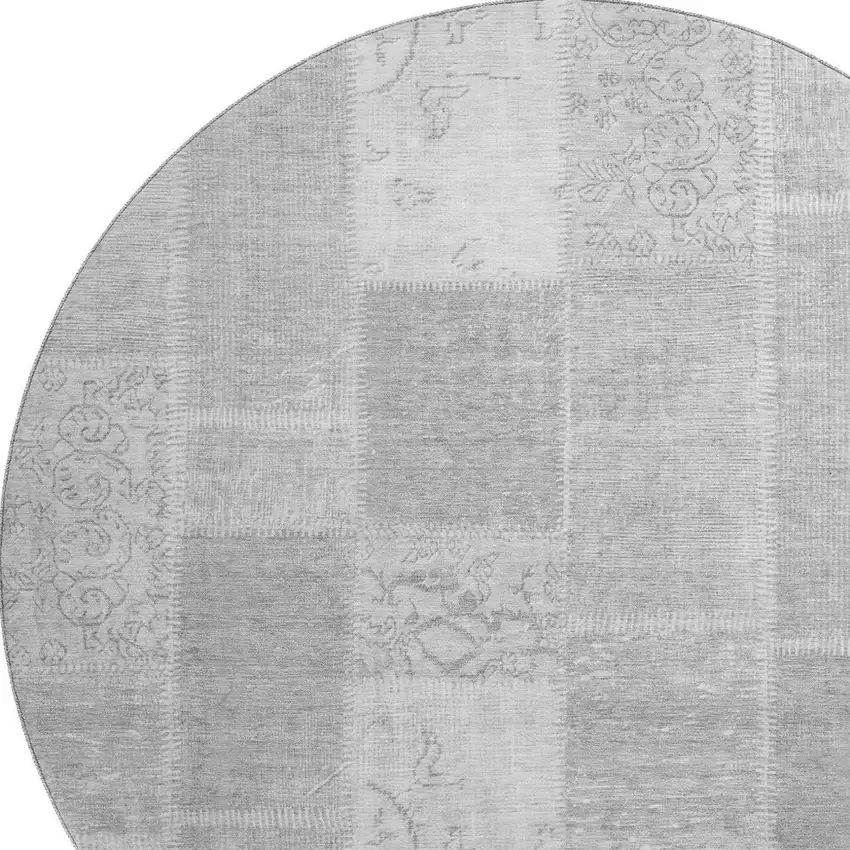 8' Silver And Ivory Patchwork Washable Round Rug With UV Protection Photo 3