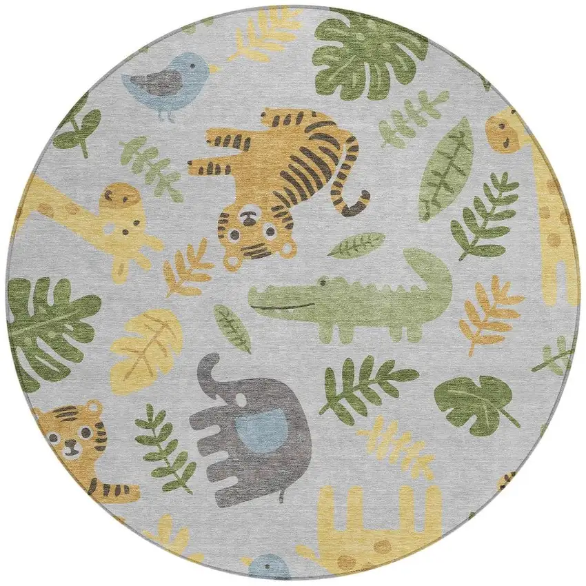 8' Silver And Ivory Round Abstract Washable Indoor Outdoor Area Rug Photo 3