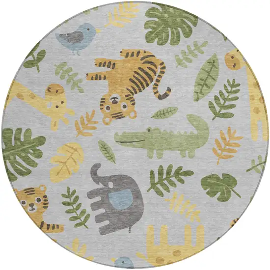 8' Silver And Ivory Round Abstract Washable Indoor Outdoor Area Rug Photo 1