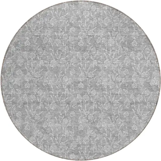 8' Silver And Ivory Round Floral Washable Indoor Outdoor Area Rug Photo 2