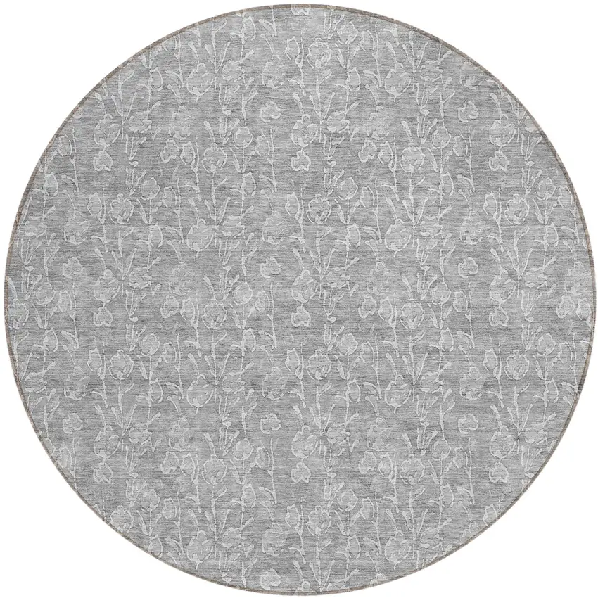 8' Silver And Ivory Round Floral Washable Indoor Outdoor Area Rug Photo 2