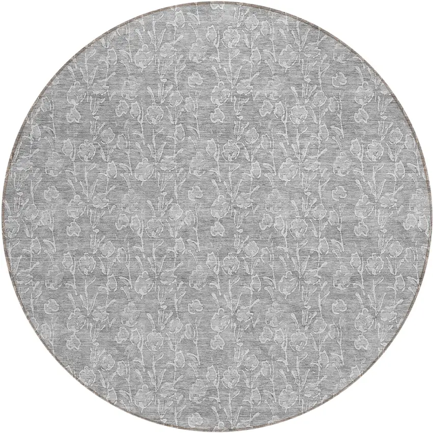 8' Silver And Ivory Round Floral Washable Indoor Outdoor Area Rug Photo 2