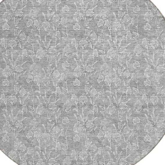 8' Silver And Ivory Round Floral Washable Indoor Outdoor Area Rug Photo 4