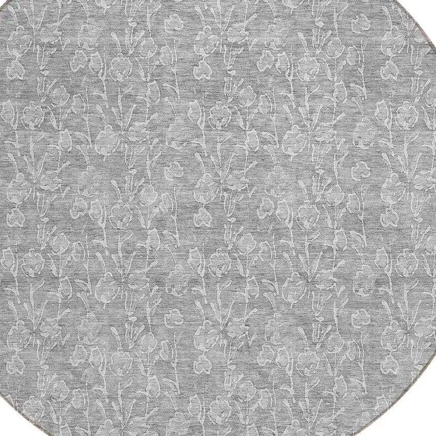 8' Silver And Ivory Round Floral Washable Indoor Outdoor Area Rug Photo 4