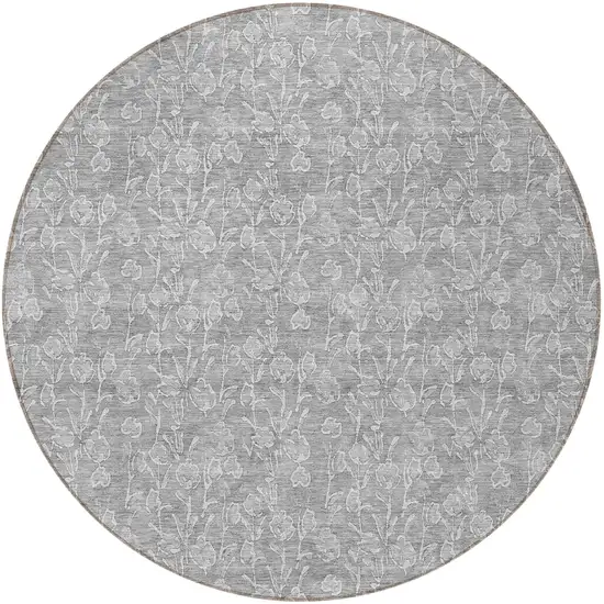 8' Silver And Ivory Round Floral Washable Indoor Outdoor Area Rug Photo 5