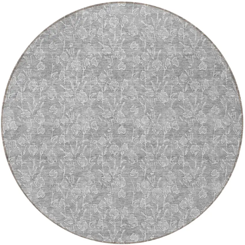 8' Silver And Ivory Round Floral Washable Indoor Outdoor Area Rug Photo 5