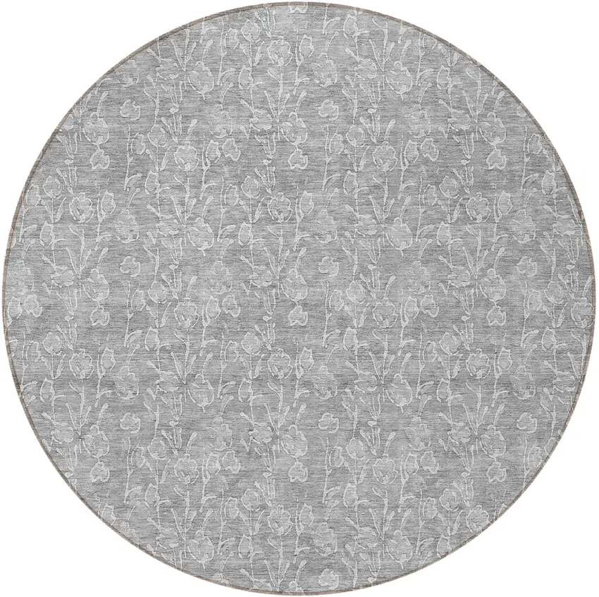 8' Silver And Ivory Round Floral Washable Indoor Outdoor Area Rug Photo 5