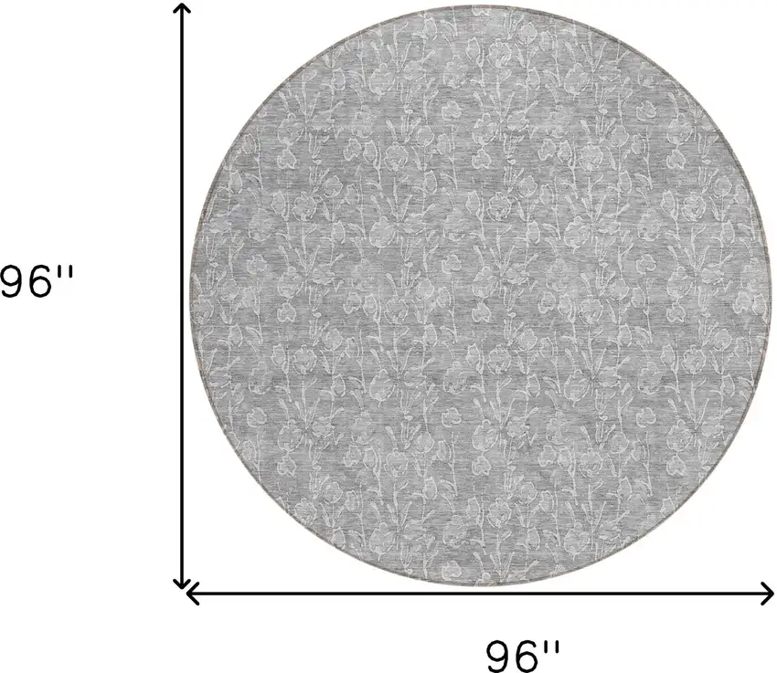 8' Silver And Ivory Round Floral Washable Indoor Outdoor Area Rug Photo 3