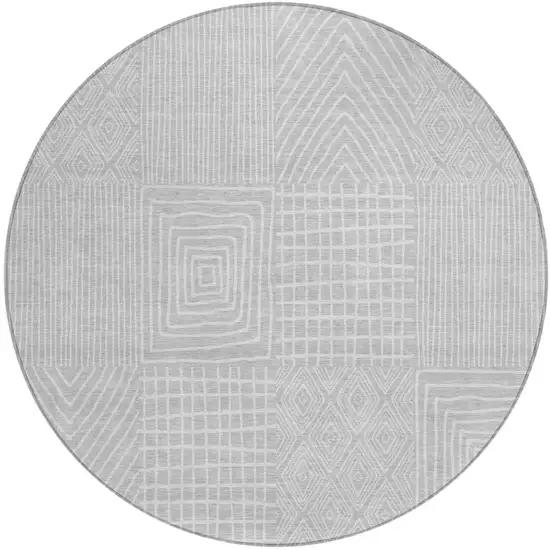 8' Silver And Ivory Round Geometric Washable Indoor Outdoor Area Rug Photo 2