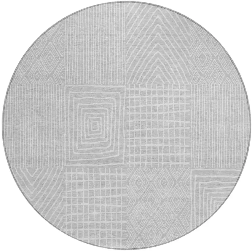 8' Silver And Ivory Round Geometric Washable Indoor Outdoor Area Rug Photo 2