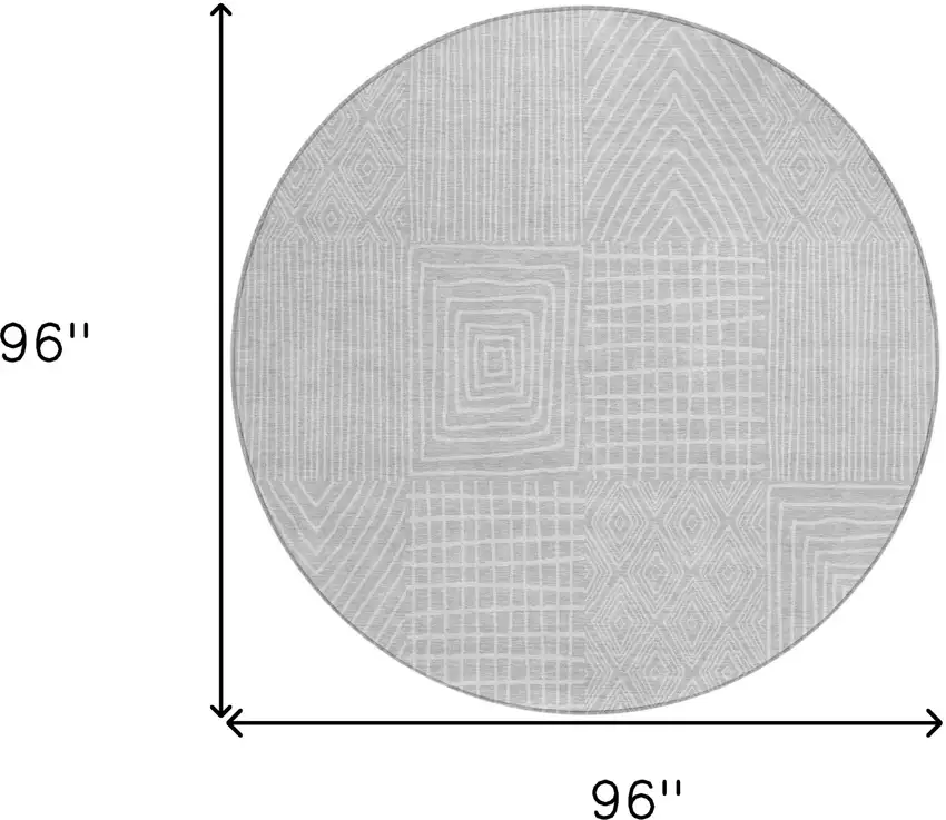 8' Silver And Ivory Round Geometric Washable Indoor Outdoor Area Rug Photo 3