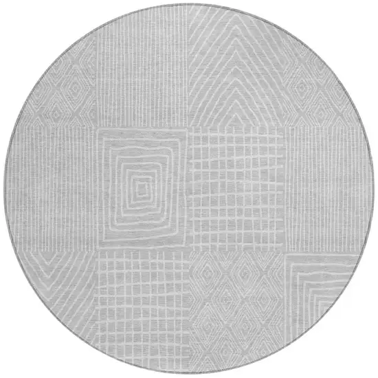 8' Silver And Ivory Round Geometric Washable Indoor Outdoor Area Rug Photo 5