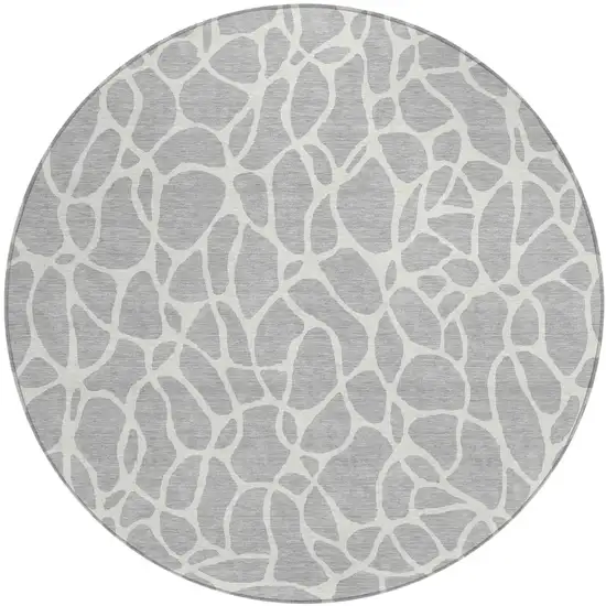 8' Silver And Ivory Round Geometric Washable Indoor Outdoor Area Rug Photo 2