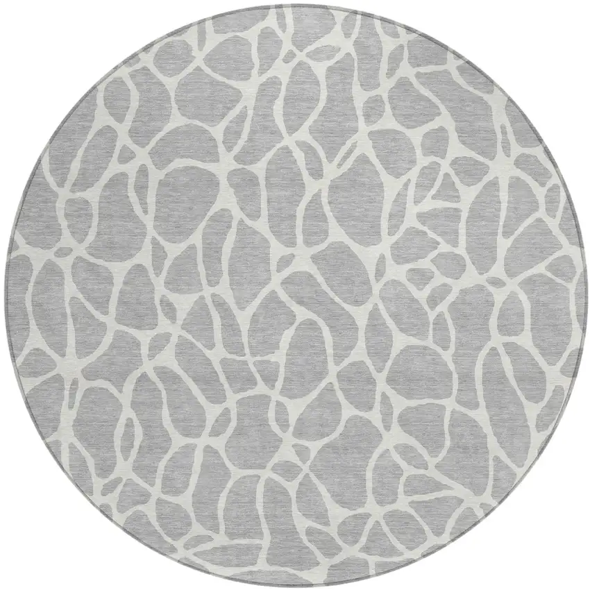 8' Silver And Ivory Round Geometric Washable Indoor Outdoor Area Rug Photo 2