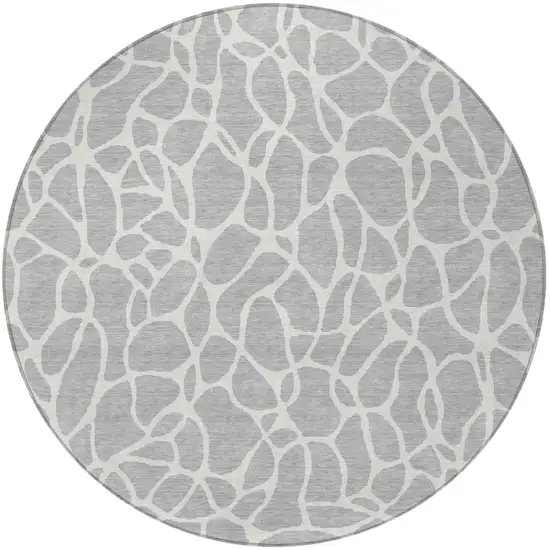 8' Silver And Ivory Round Geometric Washable Indoor Outdoor Area Rug Photo 5