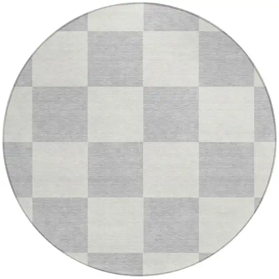 8' Silver And Ivory Round Geometric Washable Indoor Outdoor Area Rug Photo 4