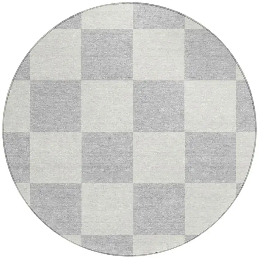 8' Silver And Ivory Round Geometric Washable Indoor Outdoor Area Rug Photo 4