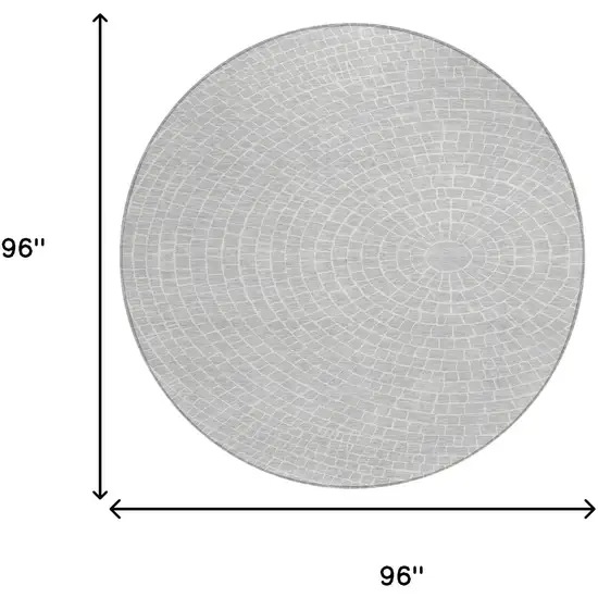 8' Silver And Ivory Round Geometric Washable Indoor Outdoor Area Rug Photo 8