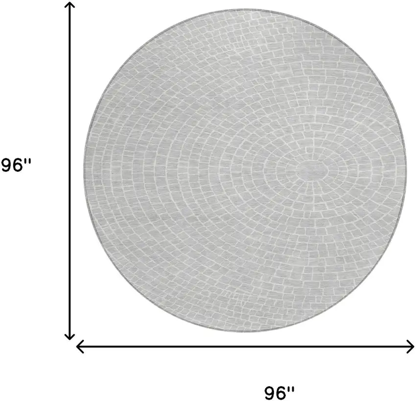 8' Silver And Ivory Round Geometric Washable Indoor Outdoor Area Rug Photo 8