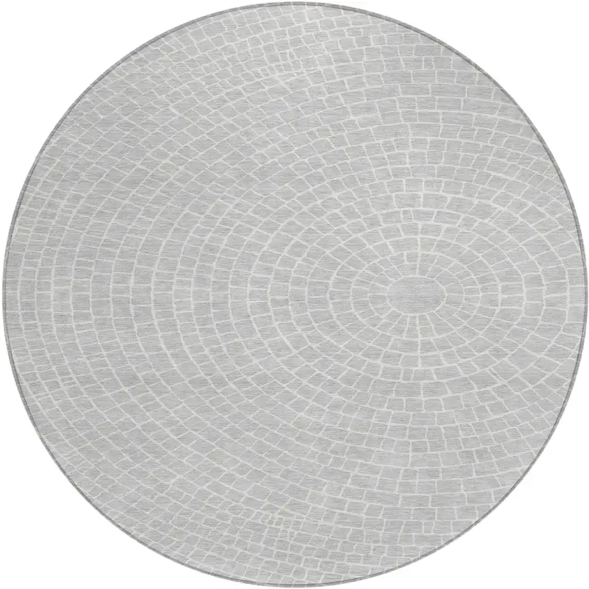 8' Silver And Ivory Round Geometric Washable Indoor Outdoor Area Rug Photo 1