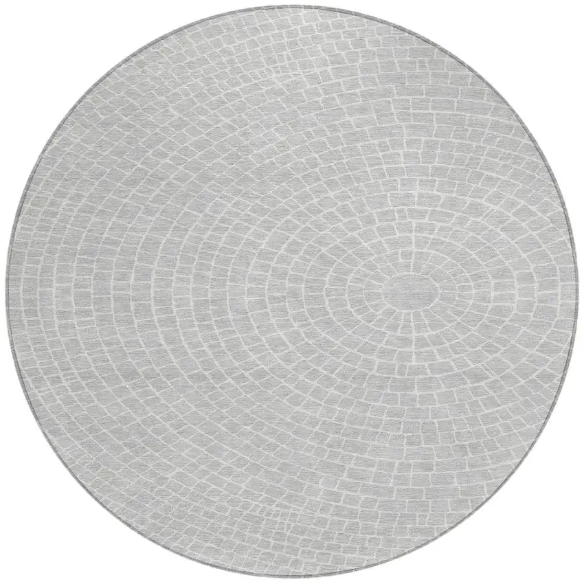 8' Silver And Ivory Round Geometric Washable Indoor Outdoor Area Rug Photo 3