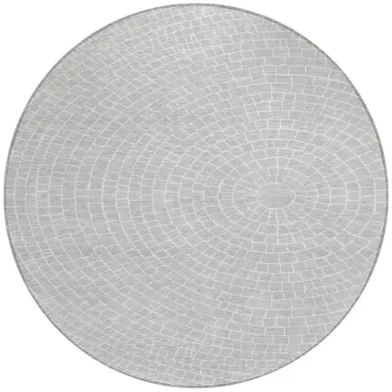 8' Silver And Ivory Round Geometric Washable Indoor Outdoor Area Rug Photo 3