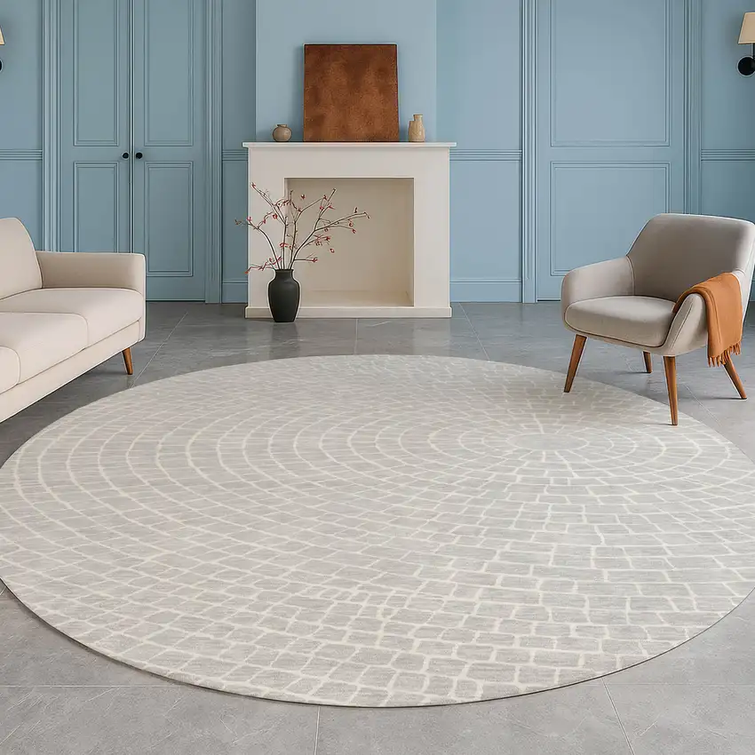 8' Silver And Ivory Round Geometric Washable Indoor Outdoor Area Rug Photo 5