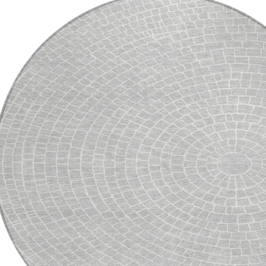 8' Silver And Ivory Round Geometric Washable Indoor Outdoor Area Rug Photo 2