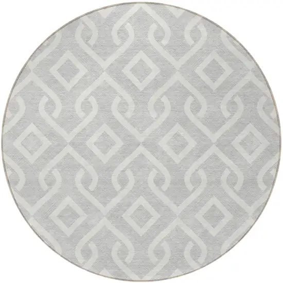 8' Silver And Ivory Round Geometric Washable Indoor Outdoor Area Rug Photo 4