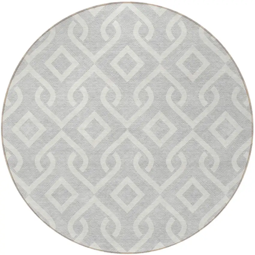 8' Silver And Ivory Round Geometric Washable Indoor Outdoor Area Rug Photo 4