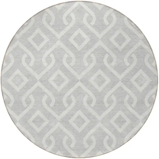 8' Silver And Ivory Round Geometric Washable Indoor Outdoor Area Rug Photo 4