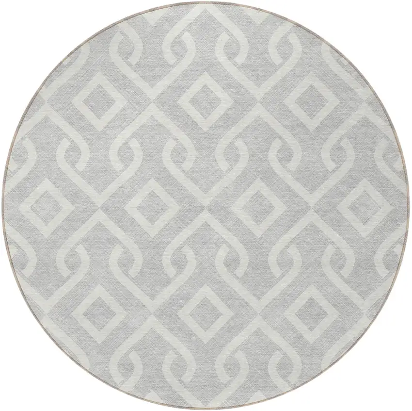 8' Silver And Ivory Round Geometric Washable Indoor Outdoor Area Rug Photo 4