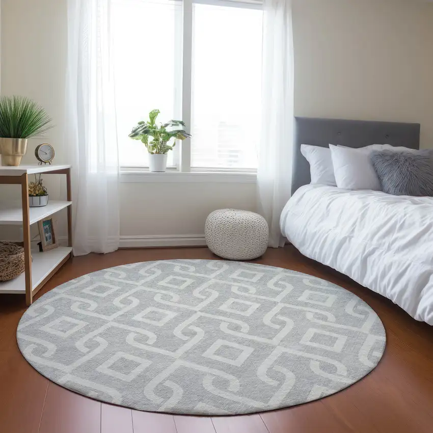 8' Silver And Ivory Round Geometric Washable Indoor Outdoor Area Rug Photo 6