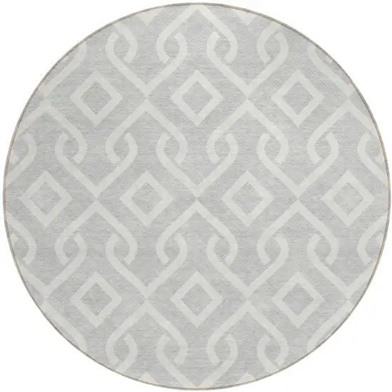 8' Silver And Ivory Round Geometric Washable Indoor Outdoor Area Rug Photo 2
