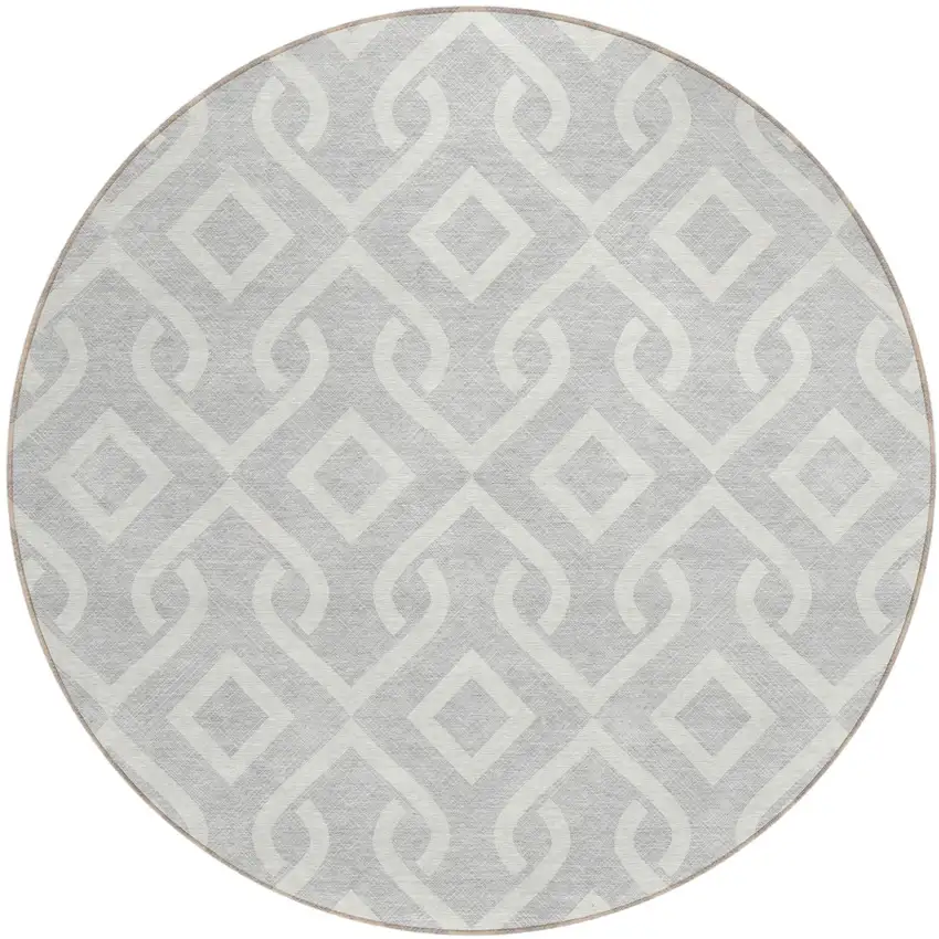 8' Silver And Ivory Round Geometric Washable Indoor Outdoor Area Rug Photo 2